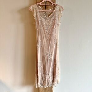 Sue Wong Vintage Embroidered Midi Cocktail Dress - Tan
